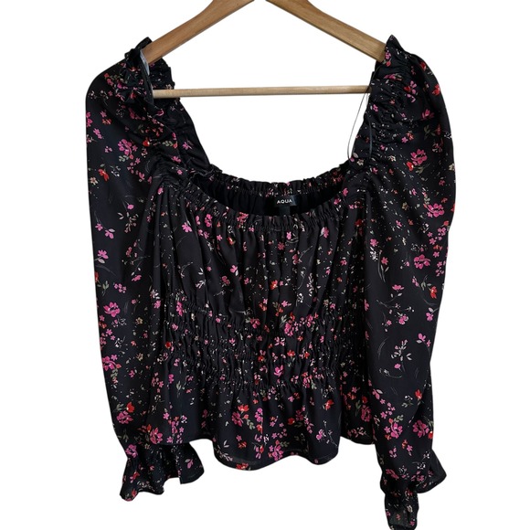 Aqua Tops - AQUA Smocked Floral Blouse Square Neck Long Sleeve Top‎ Black Size S